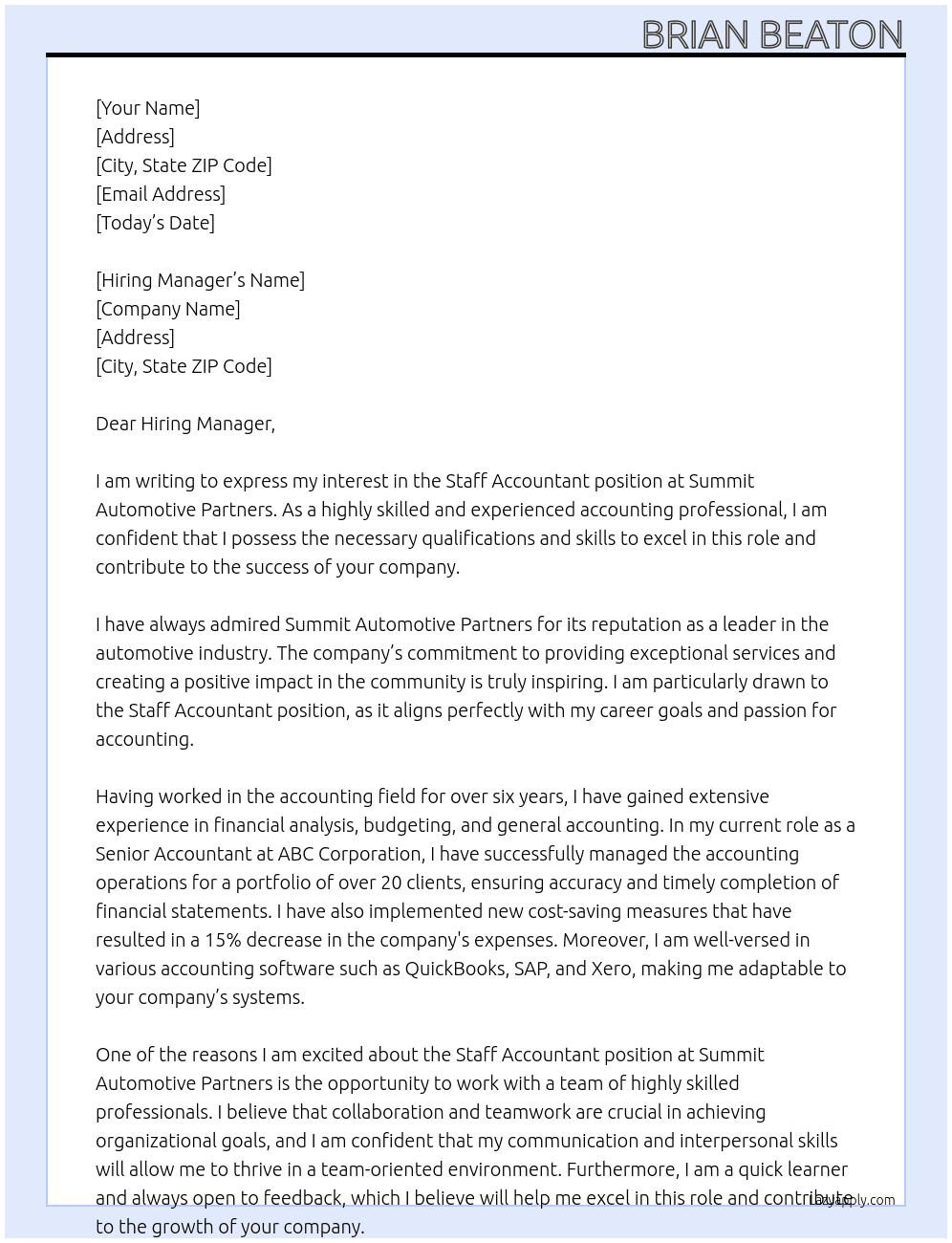 Staff Accountant At Summit Automotive Partners Cover Letter