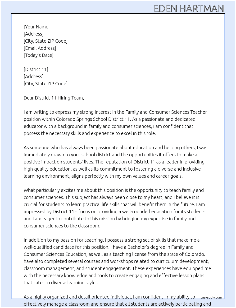 Family and Consumer Sciences Teacher At Colorado Springs School District 11 Cover Letter