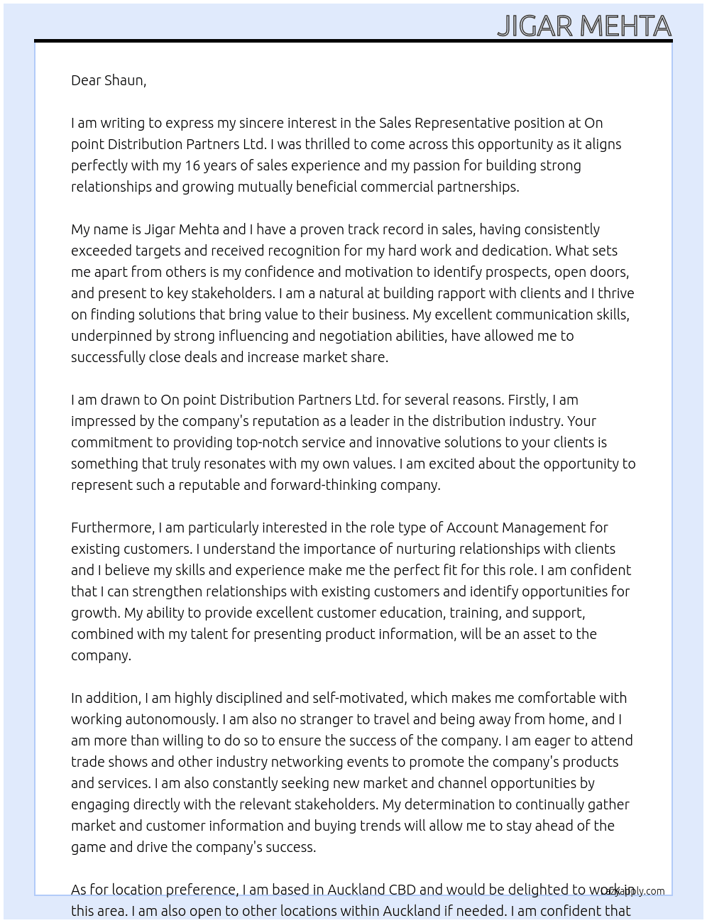 Sales Representative At On point Distribution Partners Ltd. Cover Letter