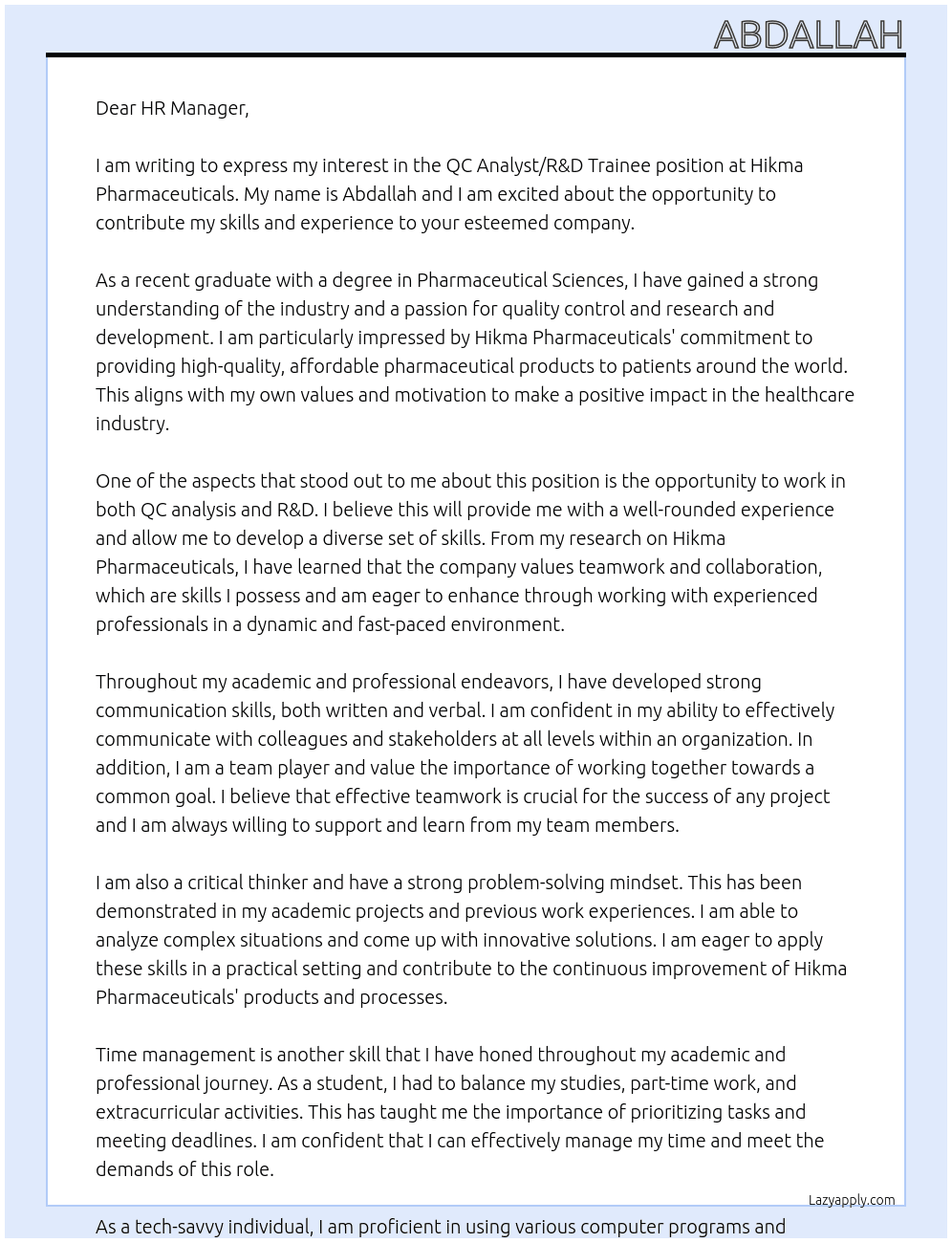 QC Analyst / R&D Trainee At Hikma pharmaceuticals  Cover Letter