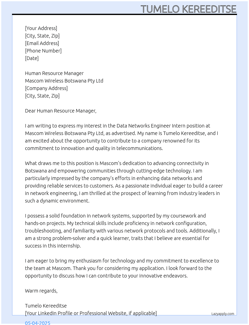 Cover letter for data networks engineer intern - LazyApply