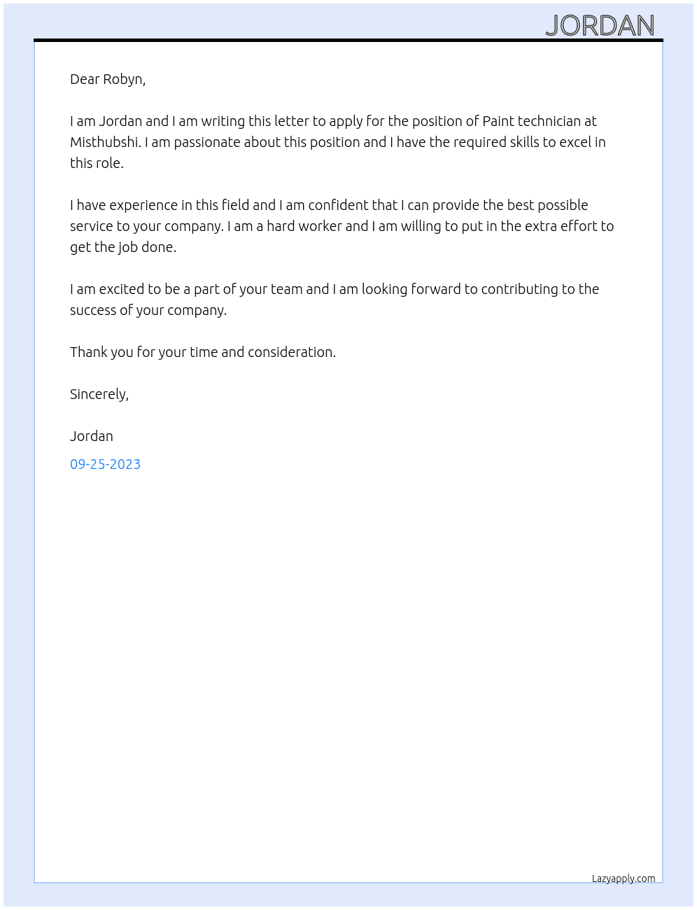 Paint technician  At Misthubshi  Cover Letter