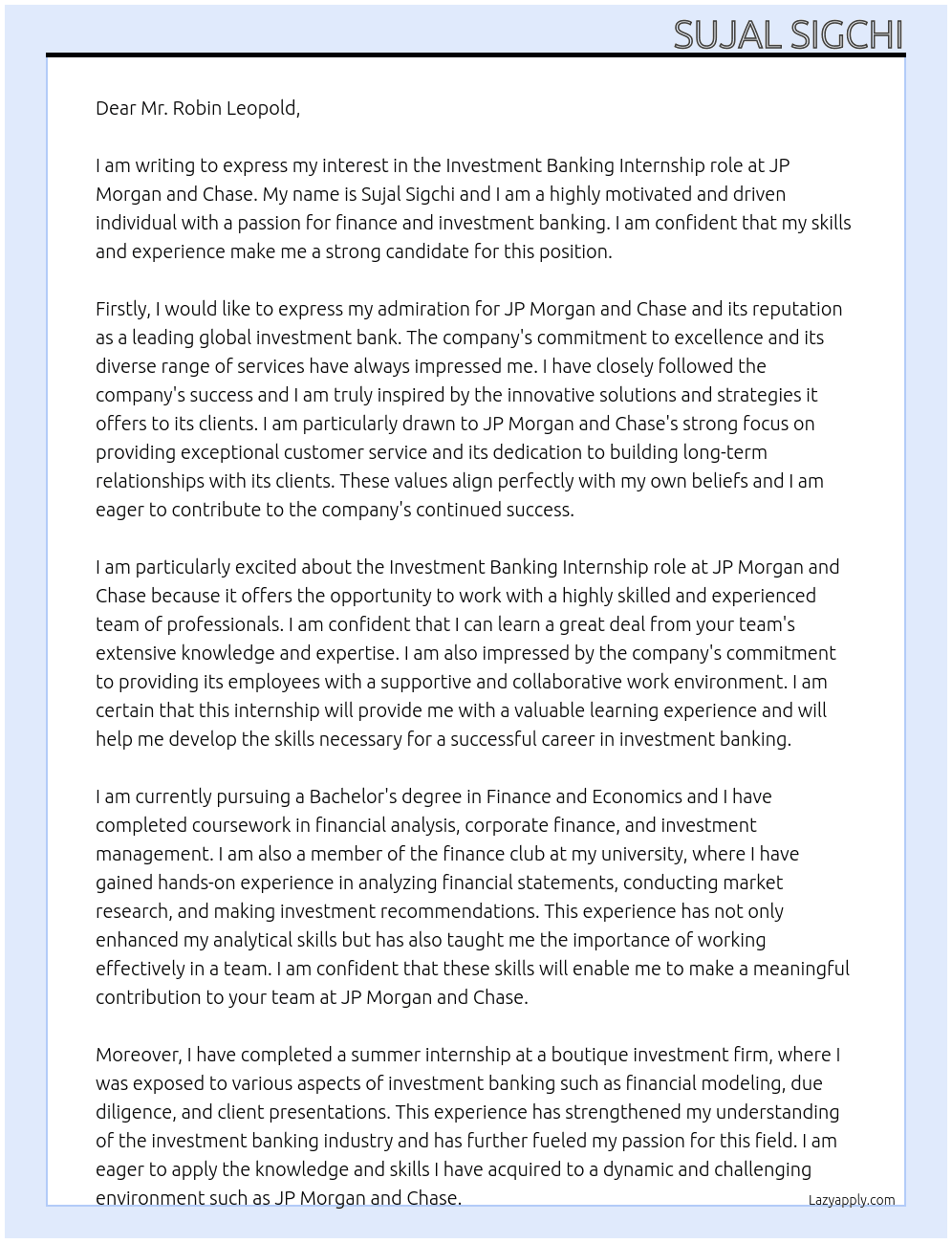 investment banking At JP Morgan and Chase Cover Letter