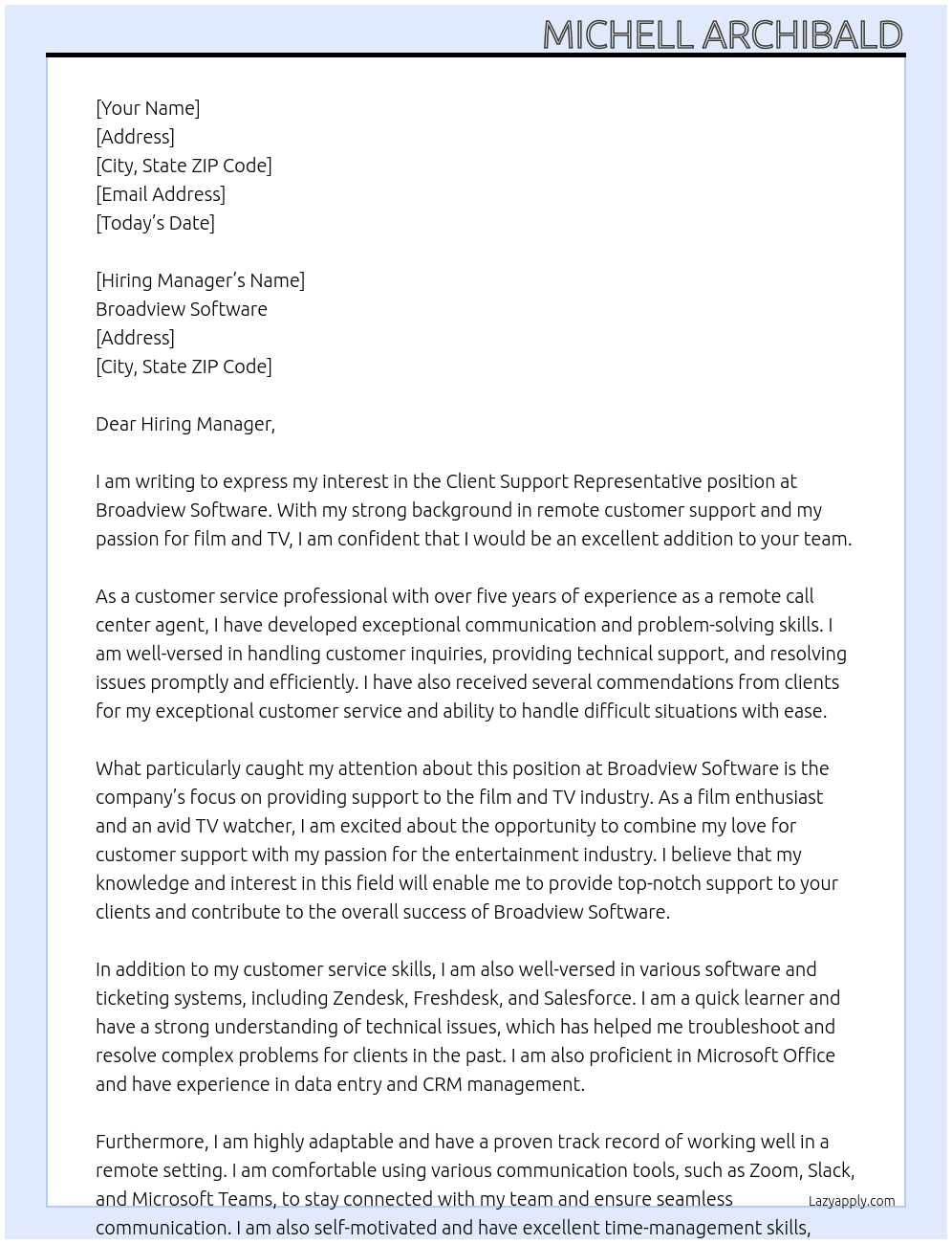 Client Support Representative At Broadview Software Cover Letter