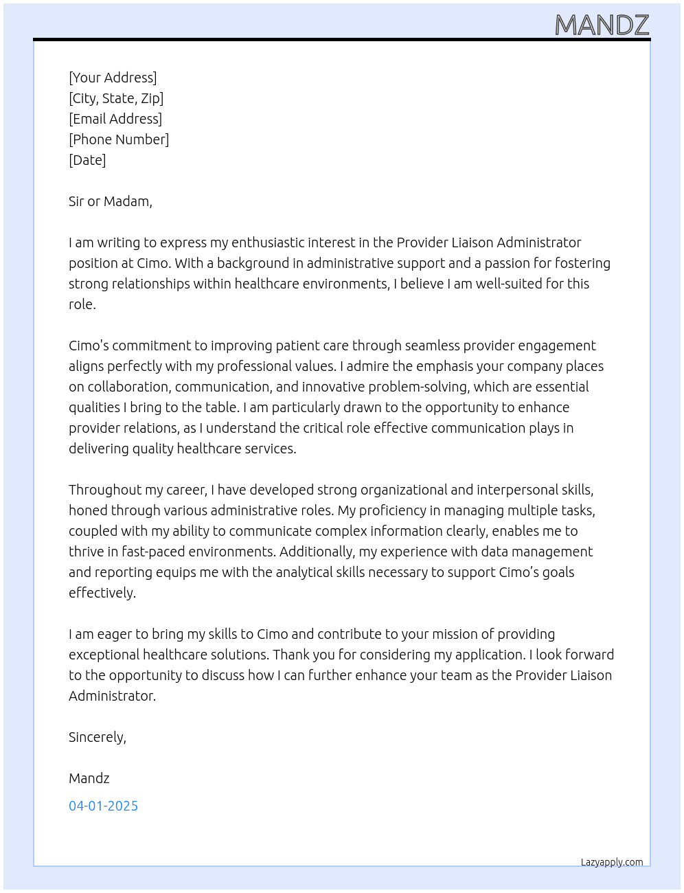 Provider Liaison Administrator At Cimo Cover Letter
