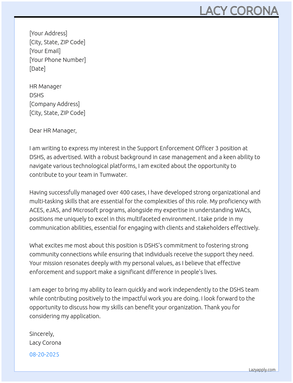 Support Enforcement Officer 3 At DSHS Cover Letter