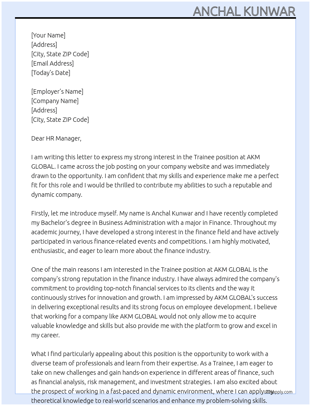 Trainee At AKM GLOBAL Cover Letter