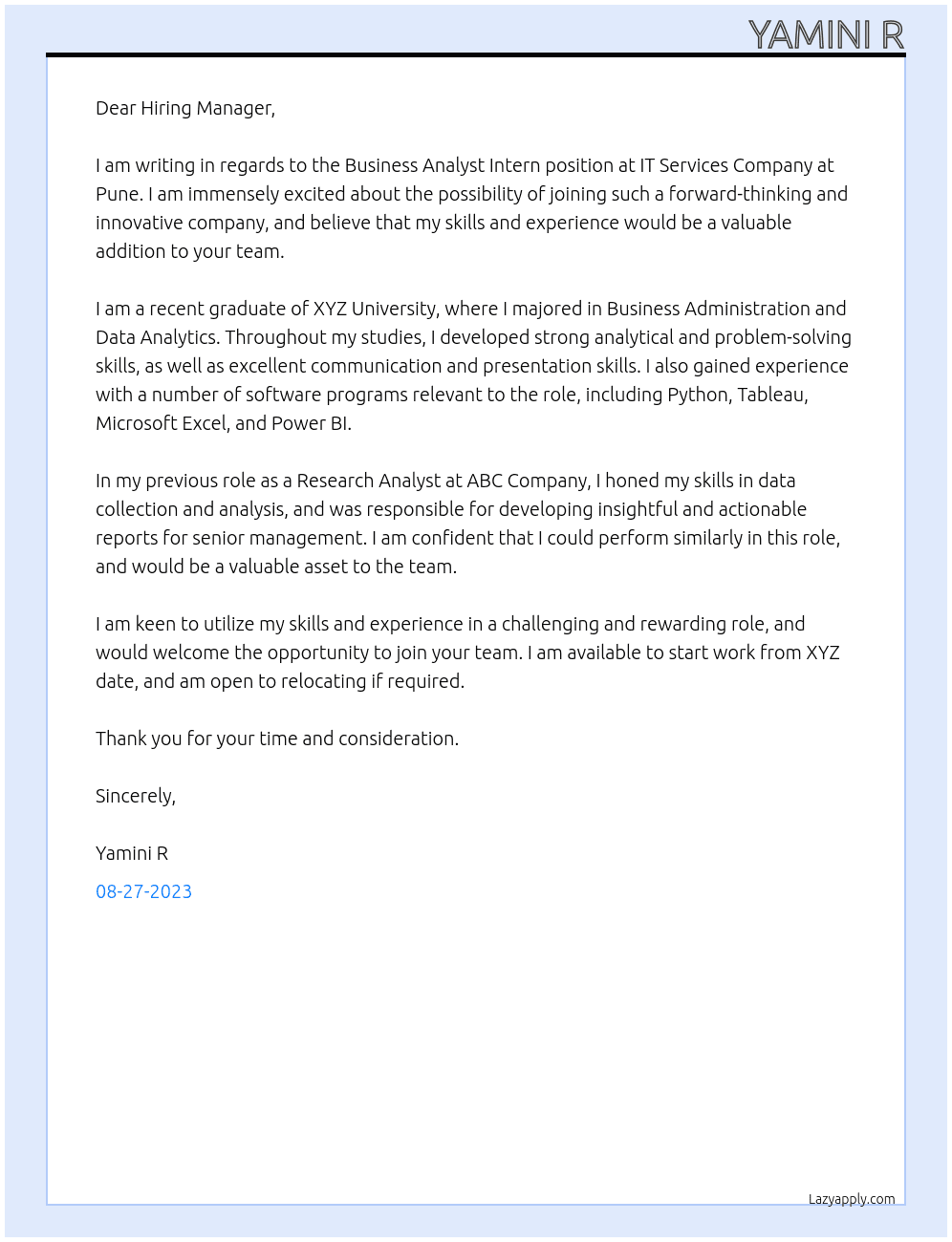 Buisness analyst intern At IT Services Company at Pune Cover Letter