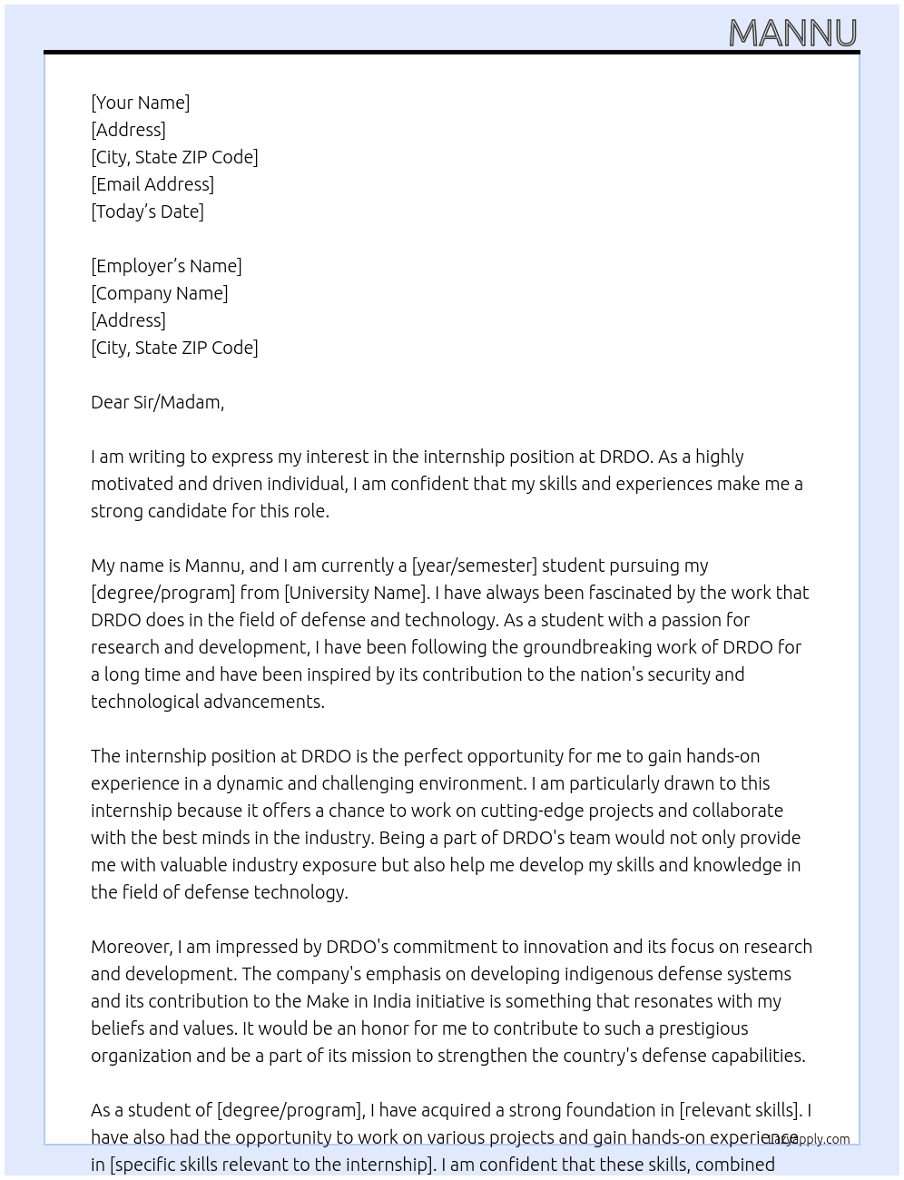 internship At drdo Cover Letter