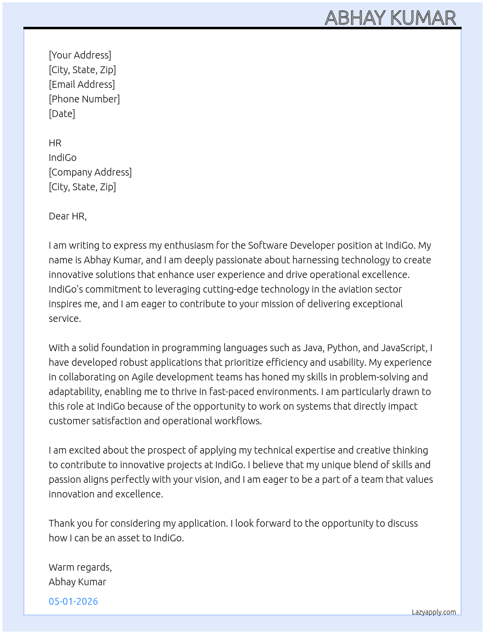 Software developer At IndiGo Cover Letter