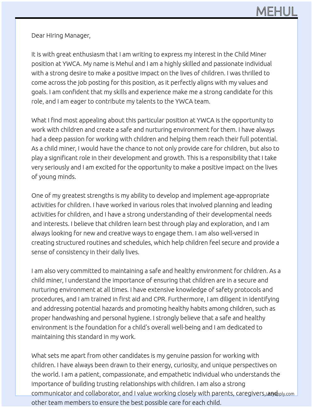 Child Miner At YWCA Cover Letter