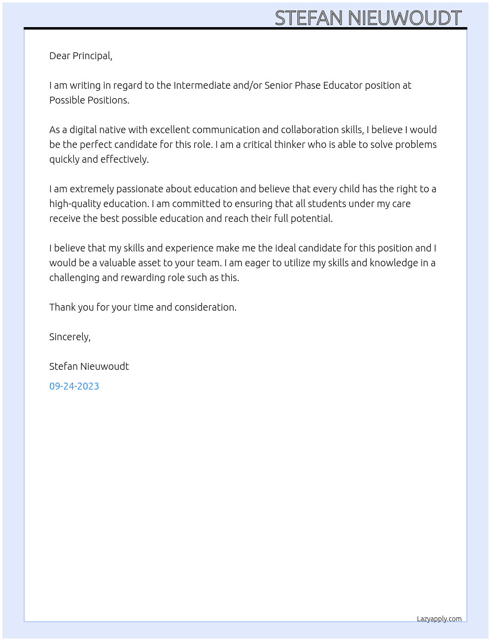 Intermediate and/or Senior Phase Educator  At Possible Positions Cover Letter
