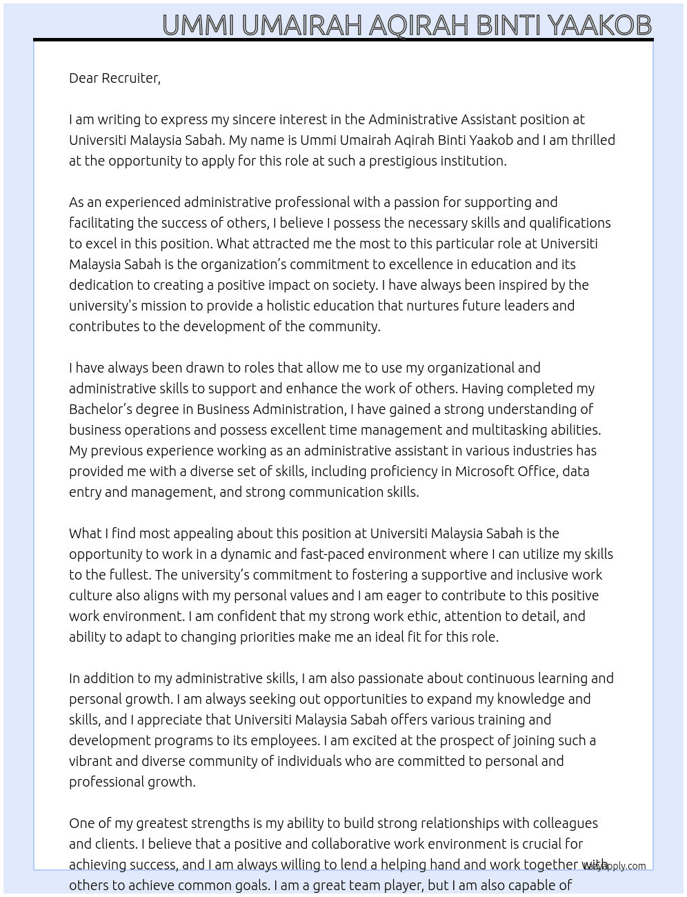 administrative assistant At universiti malaysia sabah Cover Letter