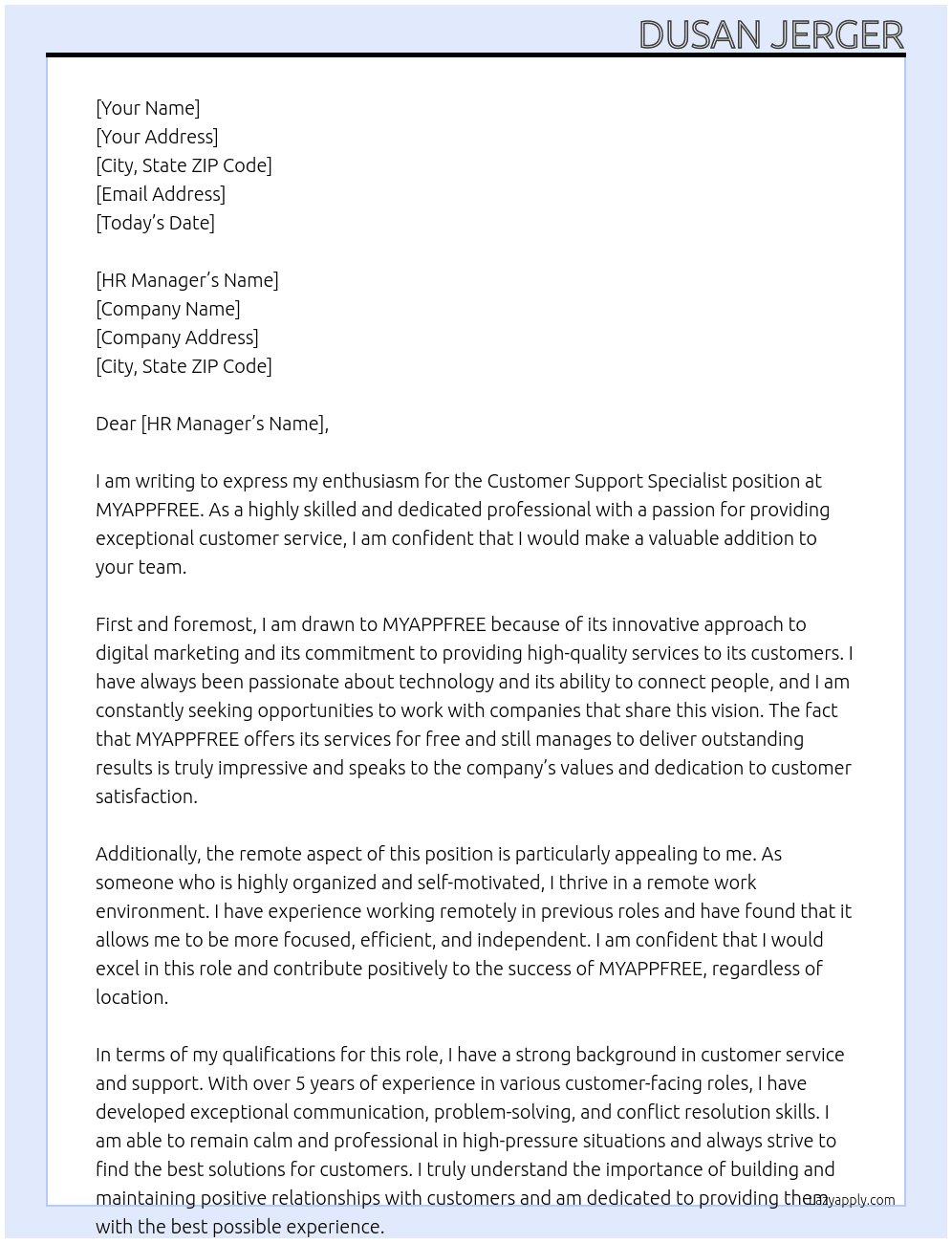 Customer Support Specialist At MYAPPFREE Cover Letter