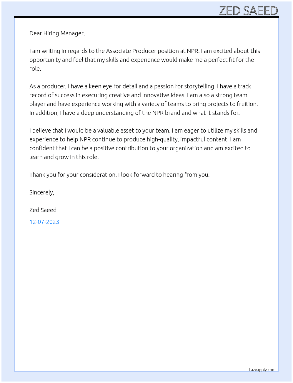 Associate Producer At NPR Cover Letter
