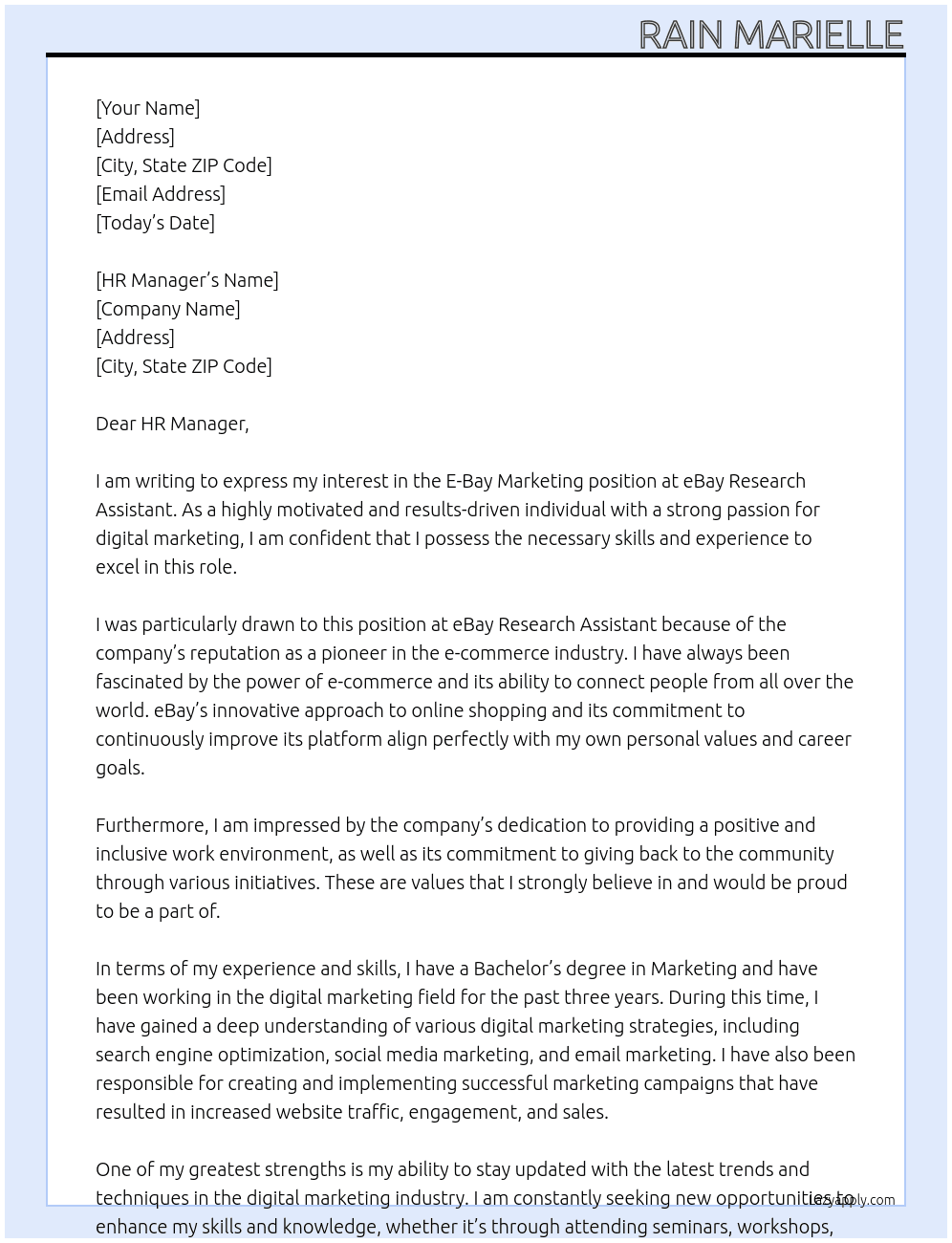 E-Bay Marketing At eBay Research Assistant Cover Letter