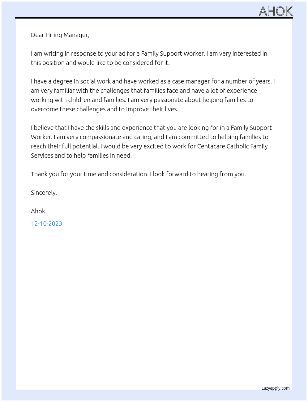 Family Support Worker At Centacare Catholic Family Services Cover Letter