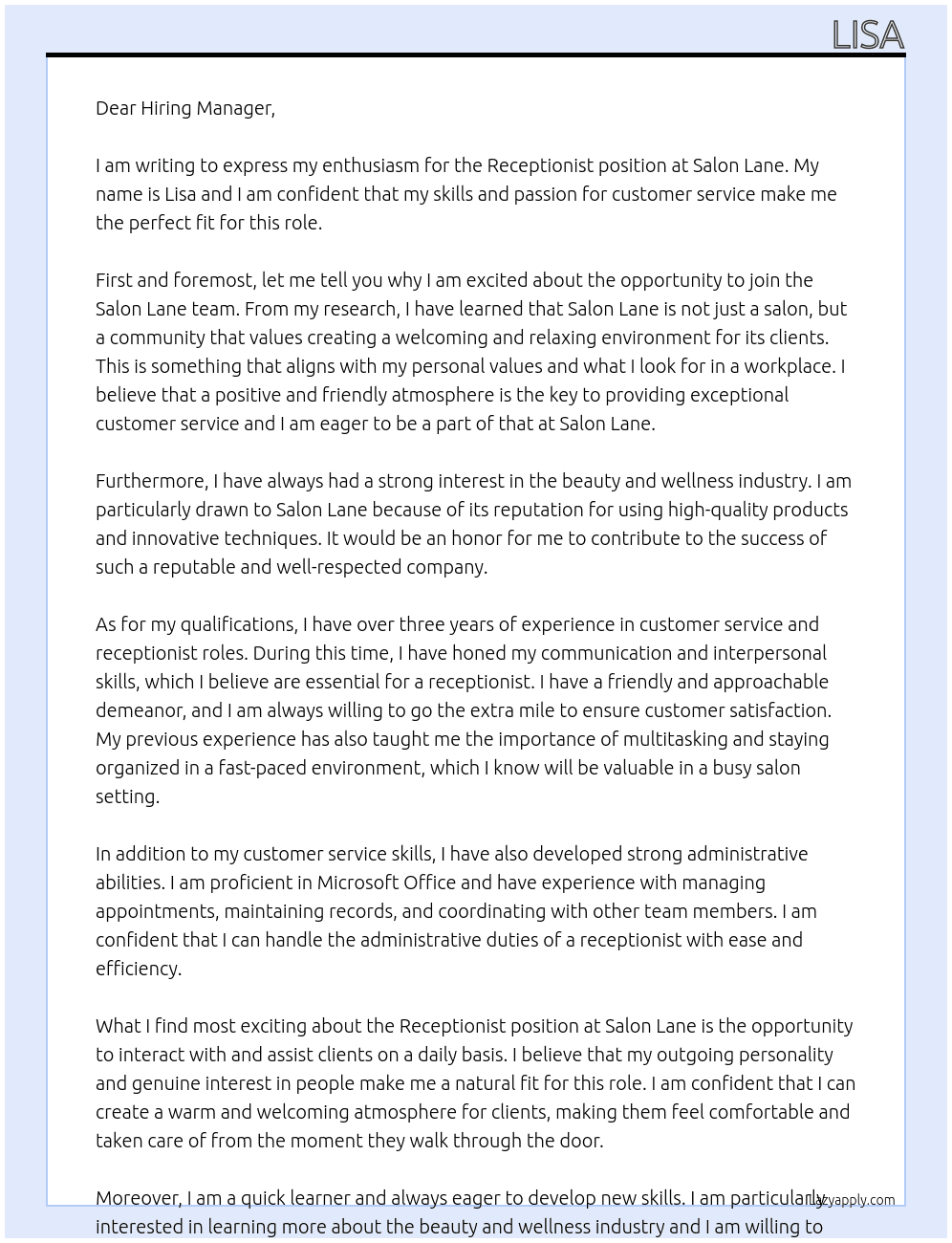 receptionit At salon lane Cover Letter
