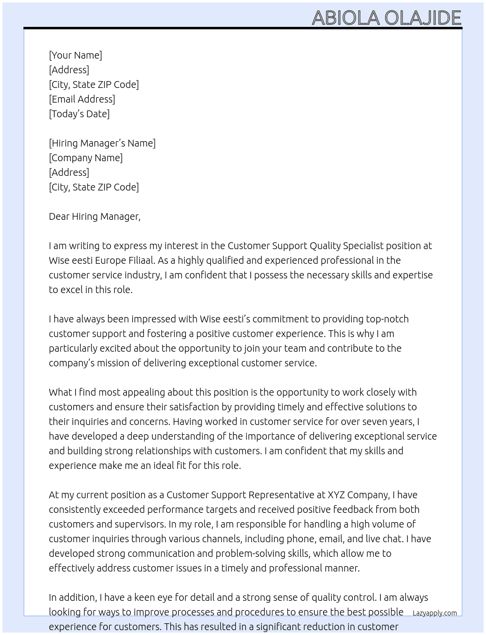 Customer Support Quality Specialist At Wise eesti Europe Filiaal Cover Letter