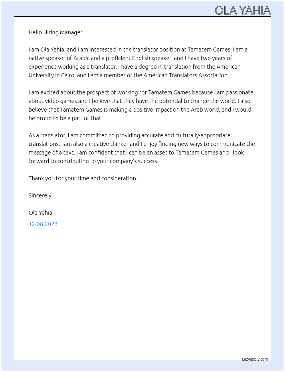 Translator At Tamatem Games Cover Letter
