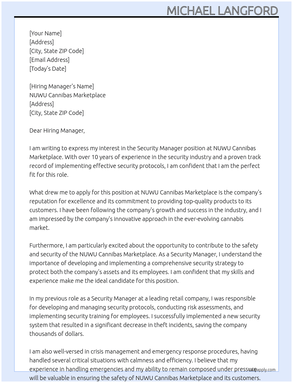 Security Manager  At NUWU Cannibas Marketplace  Cover Letter