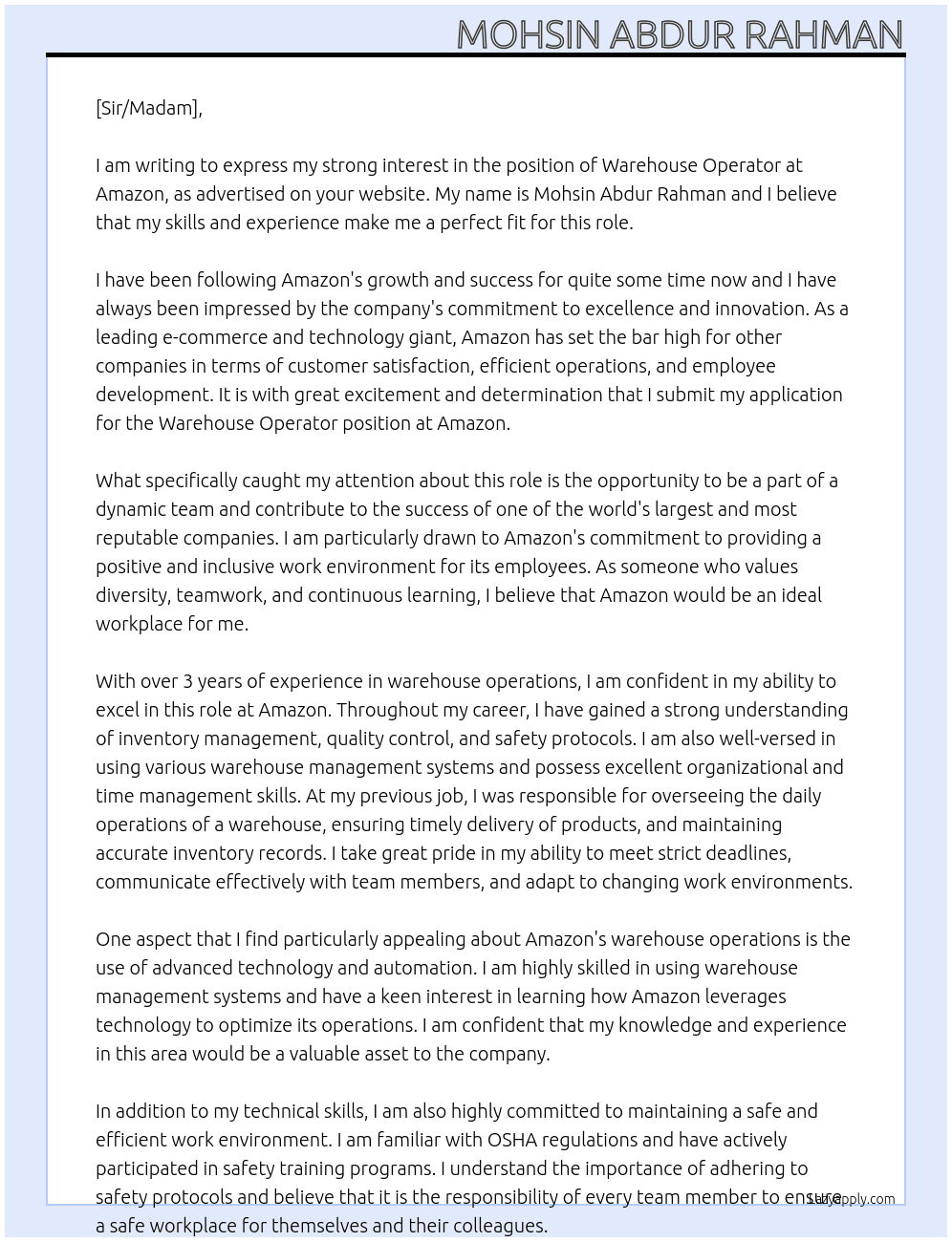 Warehouse operator  At Amazon Cover Letter