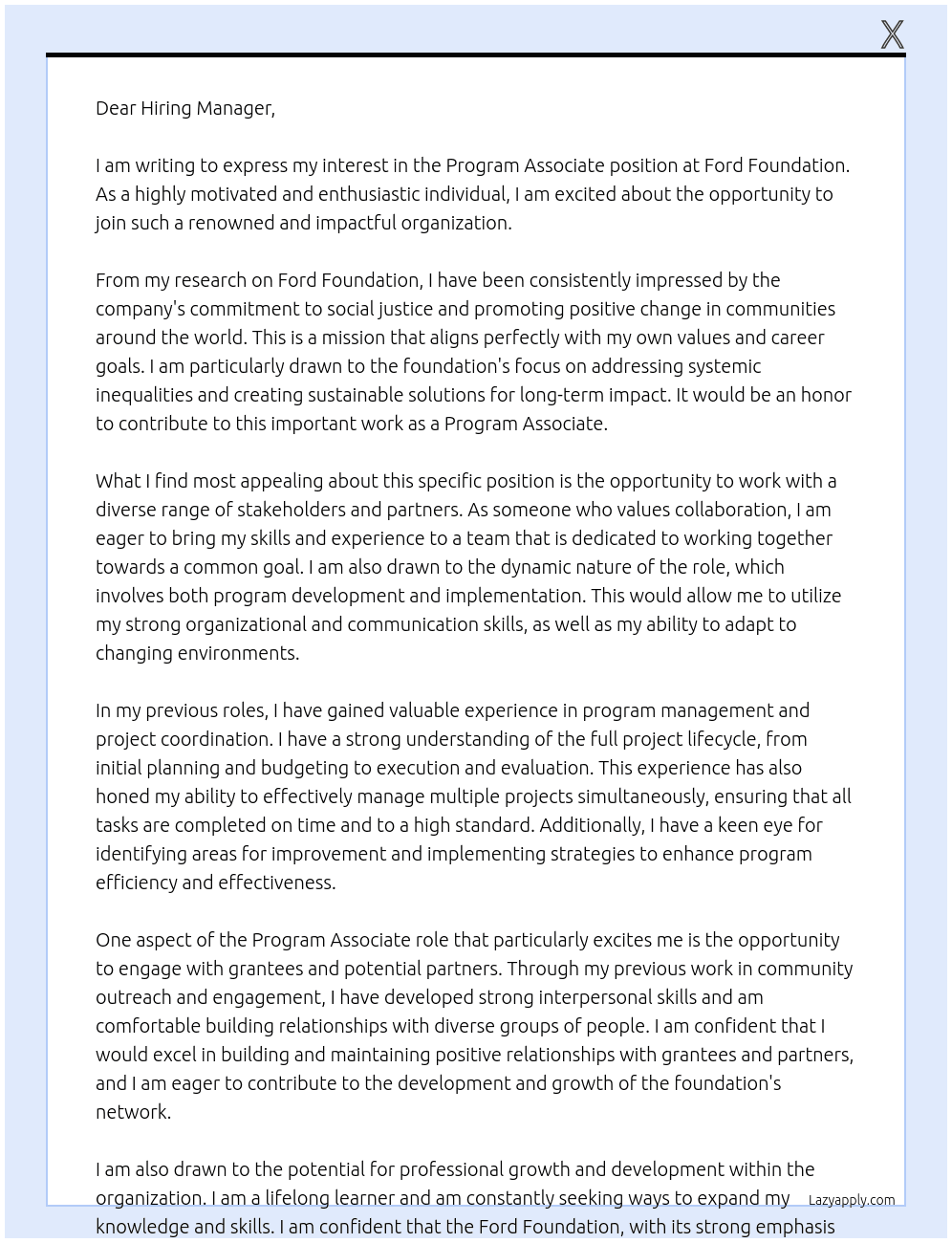 Program Associate At Ford Foundation Cover Letter