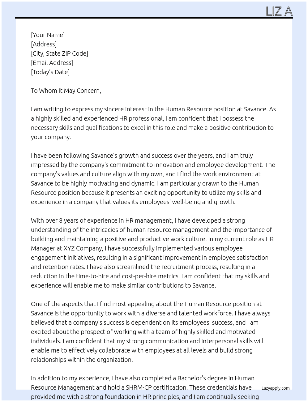 Human Resource  At Savance Cover Letter