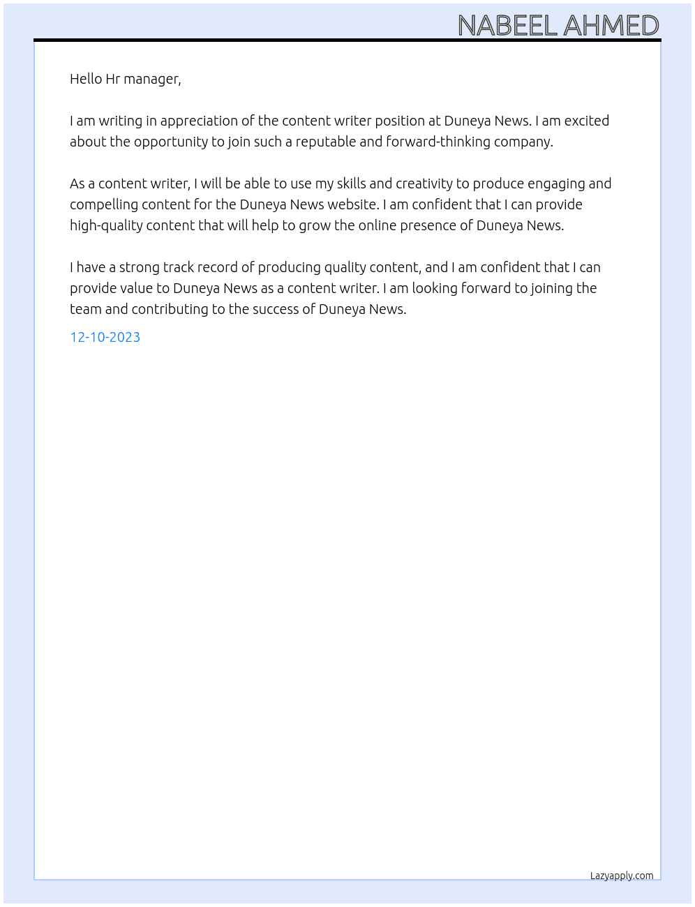 content writer At duneya news Cover Letter