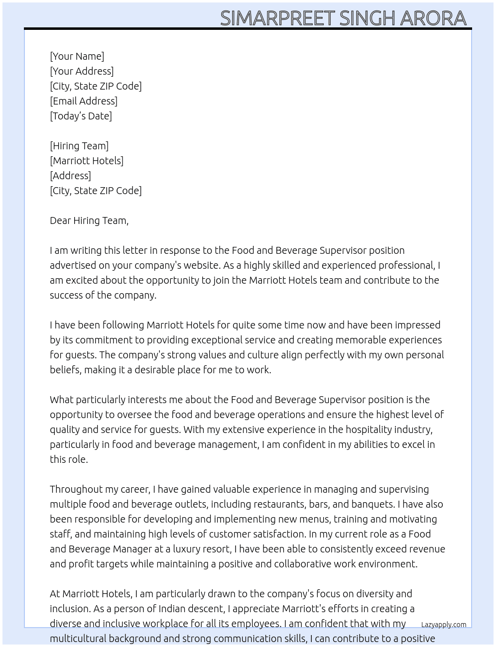 Food and beverage supervisor  At Marriott hotels  Cover Letter