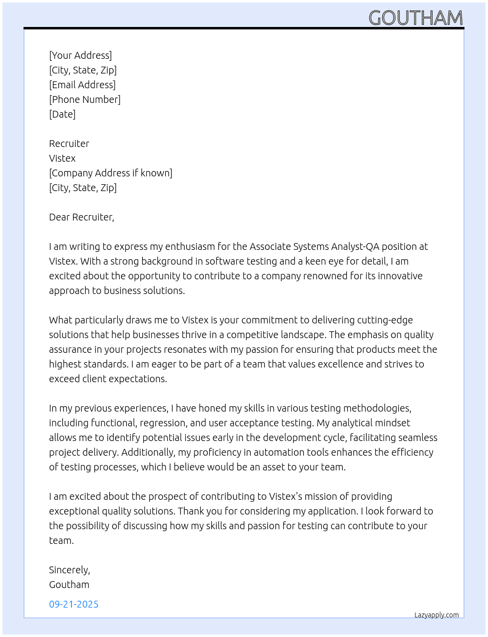 Associate Systems Analyst-QA At Vistex Cover Letter