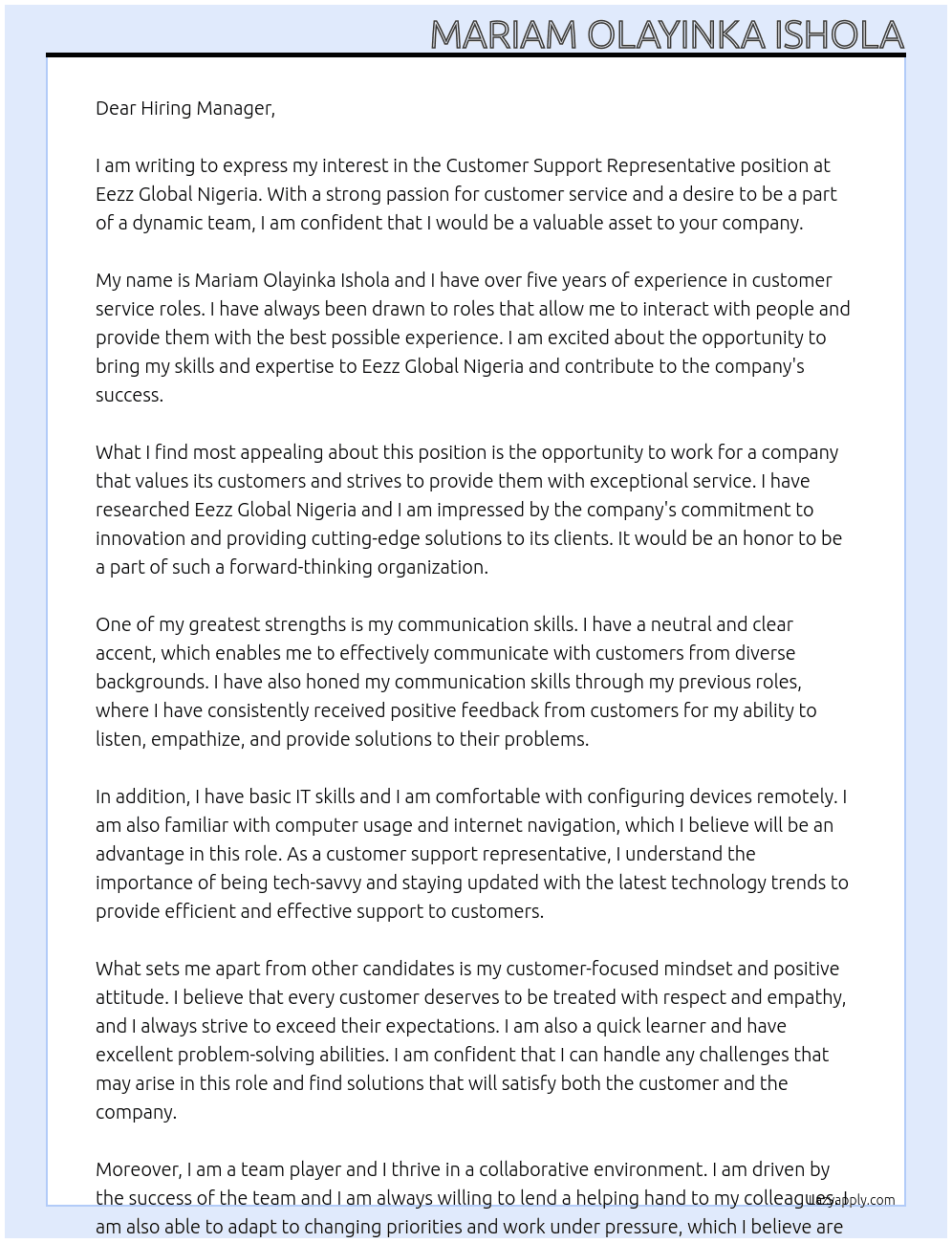 Customer Seupport Representative At Eezz Global Nigeria Oyo Eezz Global Nigeria Cover Letter
