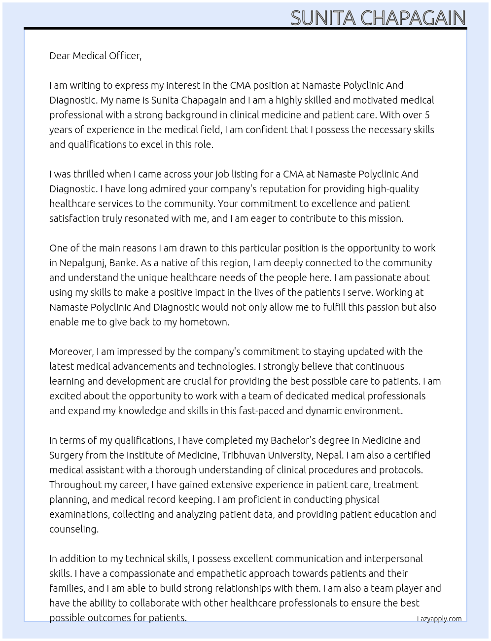 CMA At Namaste Polyclinic And Diagnosic Cover Letter