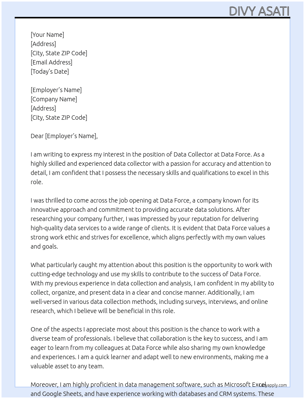 Data collector At Data force Cover Letter