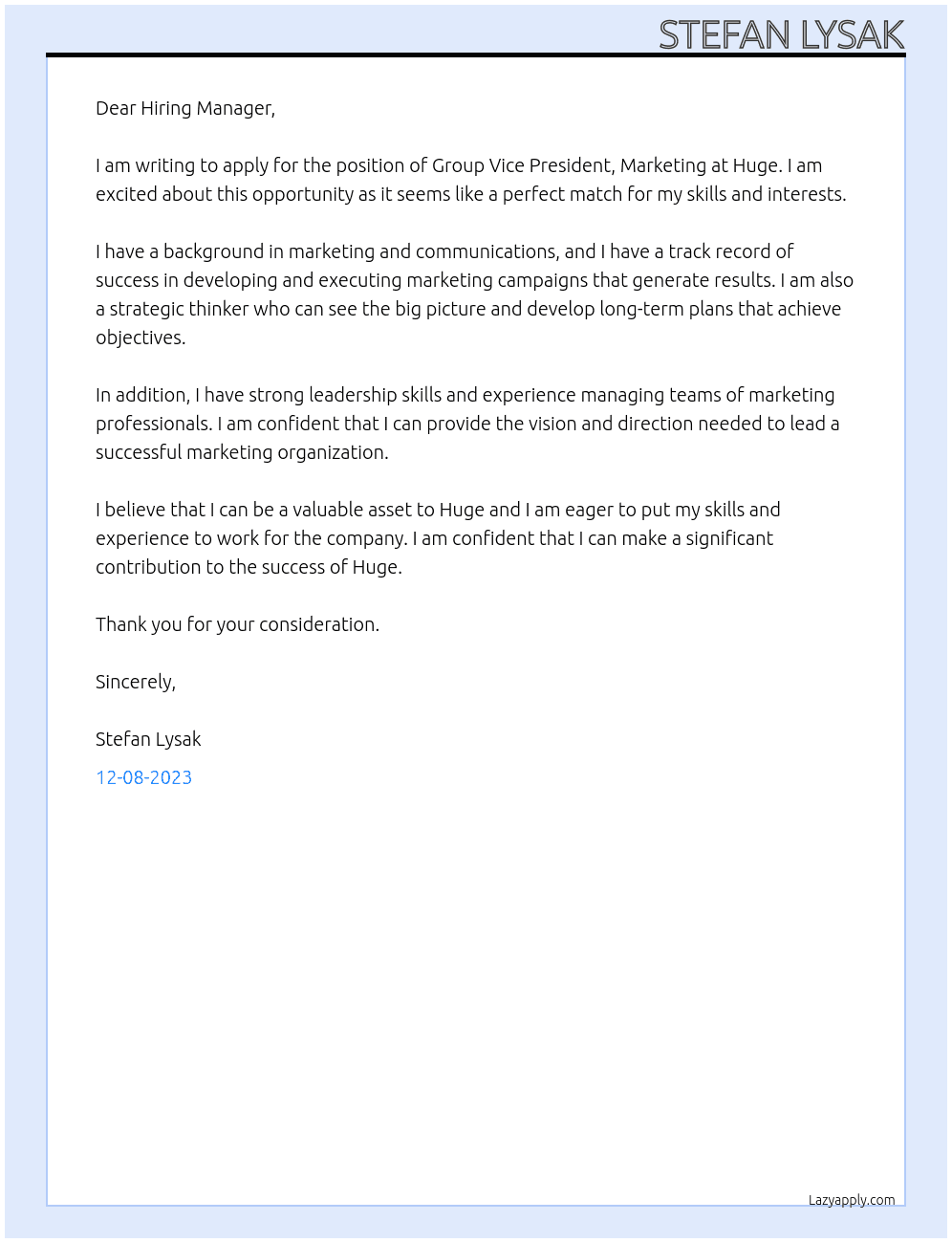 Group Vice President, Marketing At Huge Cover Letter
