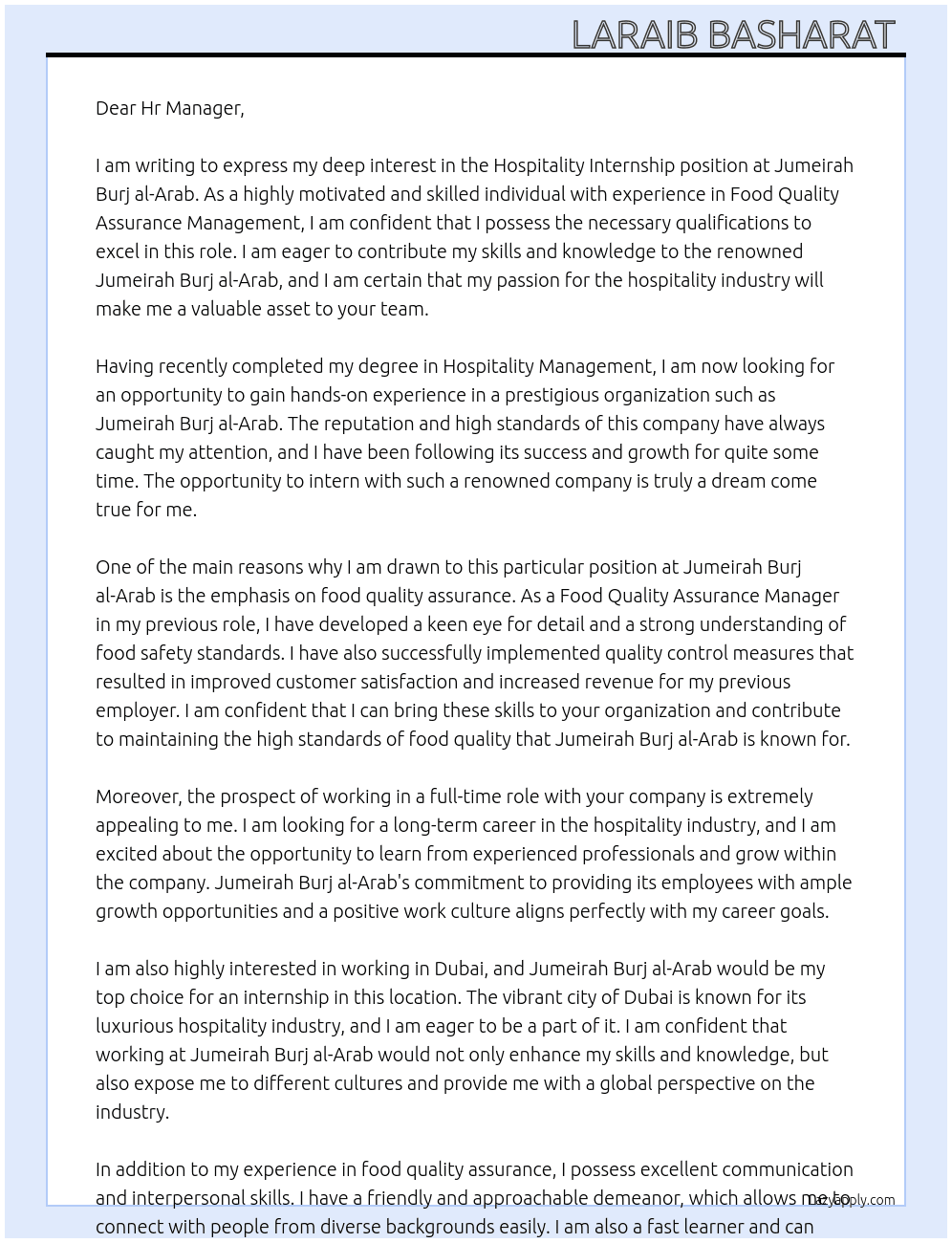 Hospitality internship  At Jumeirah Burj al- Arab Cover Letter