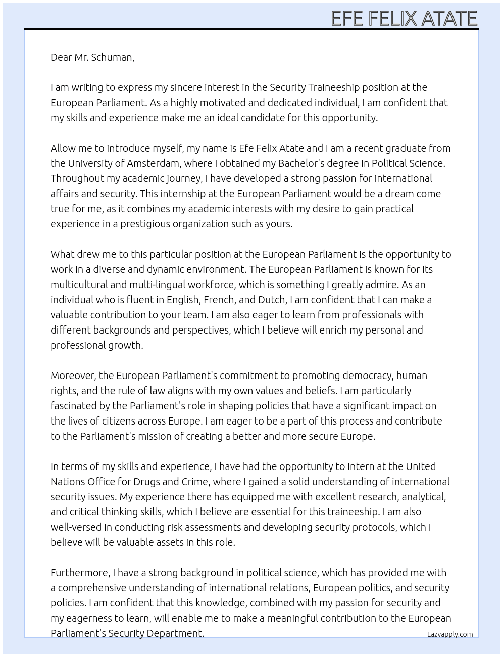 Security Traineeship At European Parliament  Cover Letter