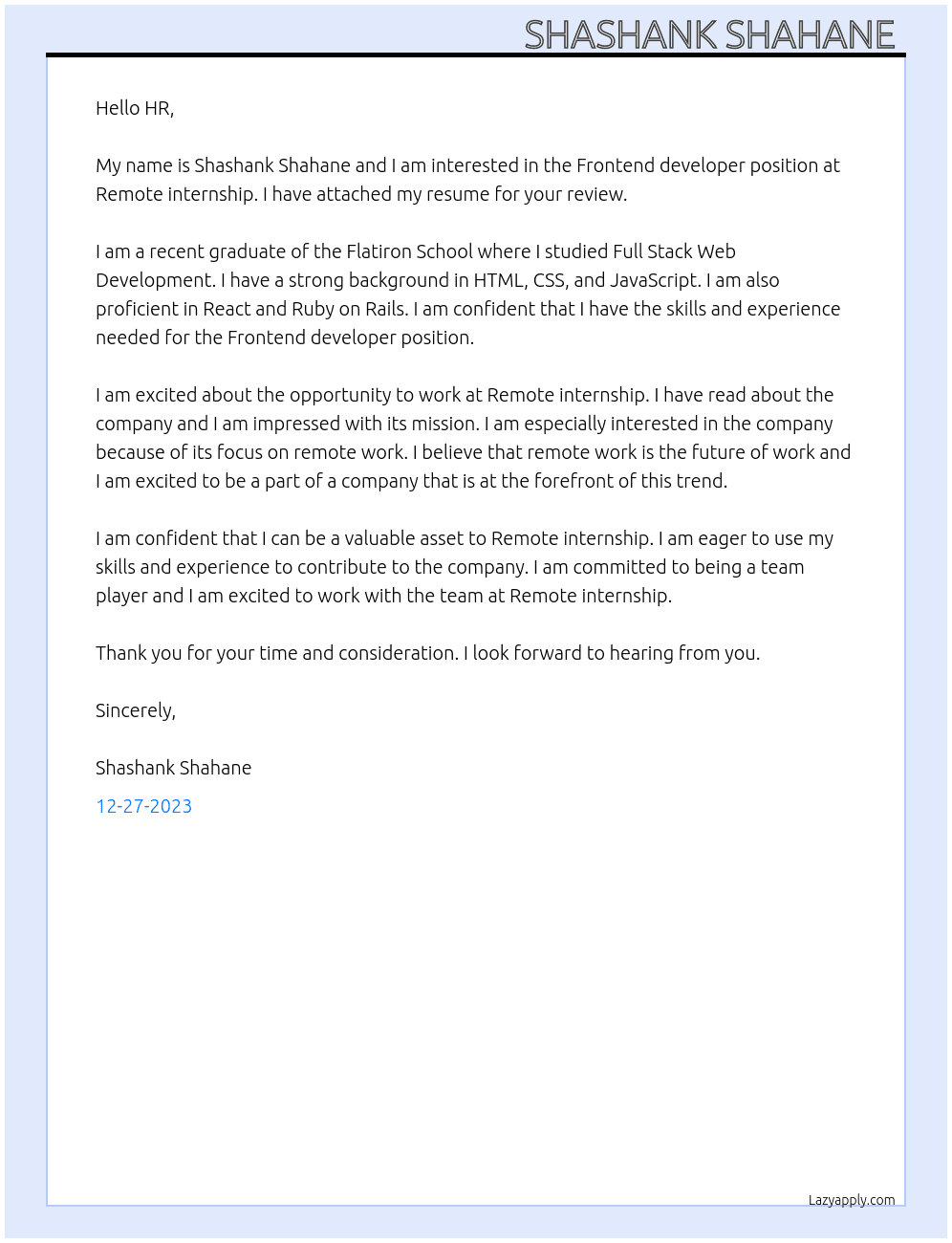 Frontend developer At Remote internship  Cover Letter
