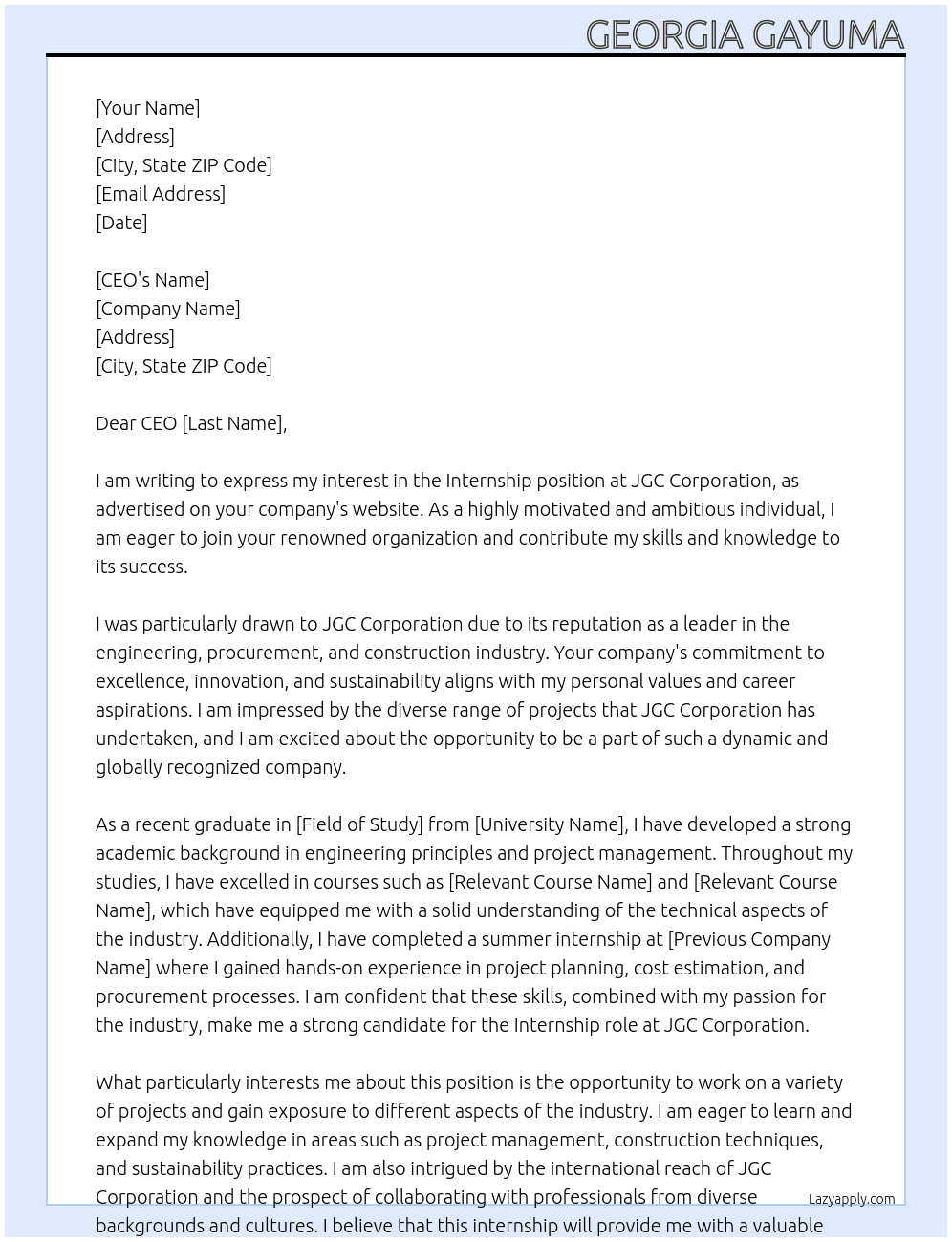 Internship At JGC Corporation Cover Letter