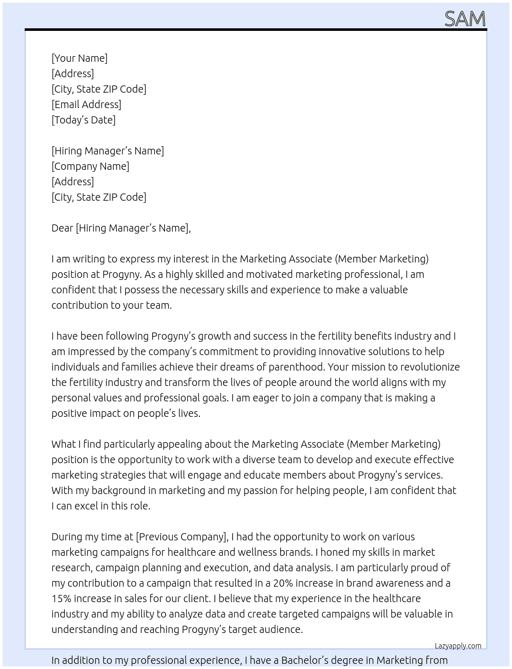 Marketing Associate (Member Marketing) At Progyny Cover Letter