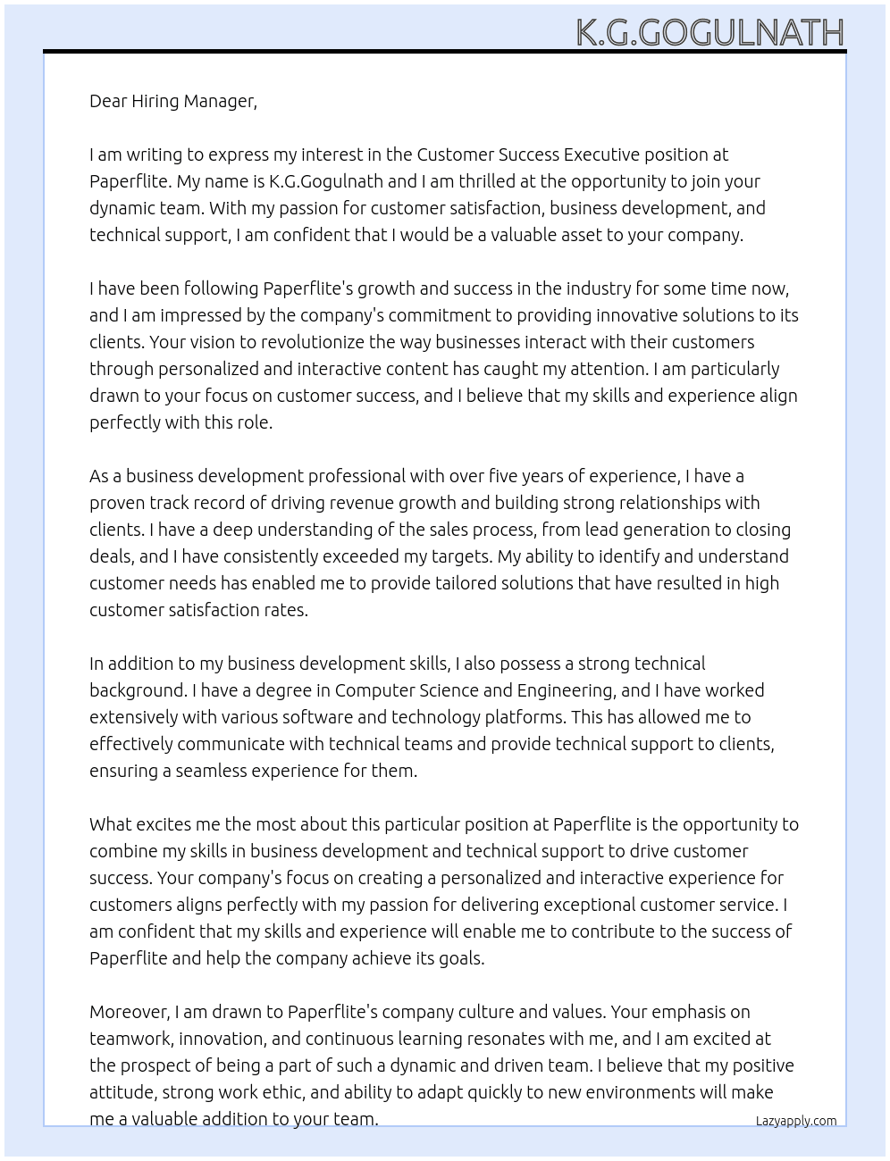 Customer success executive  At Paperflite Cover Letter