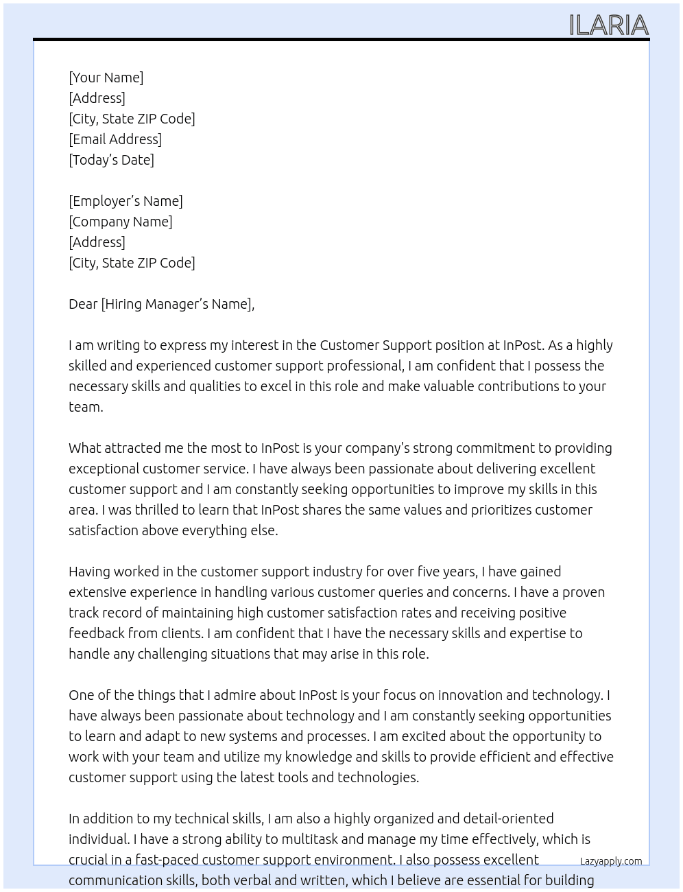 Customer Support At InPost Cover Letter