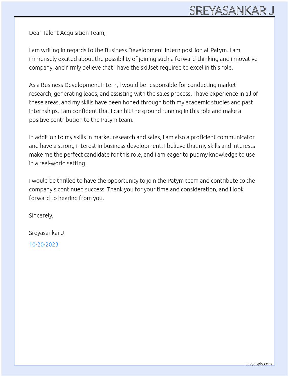 Business development intern At Patym  Cover Letter