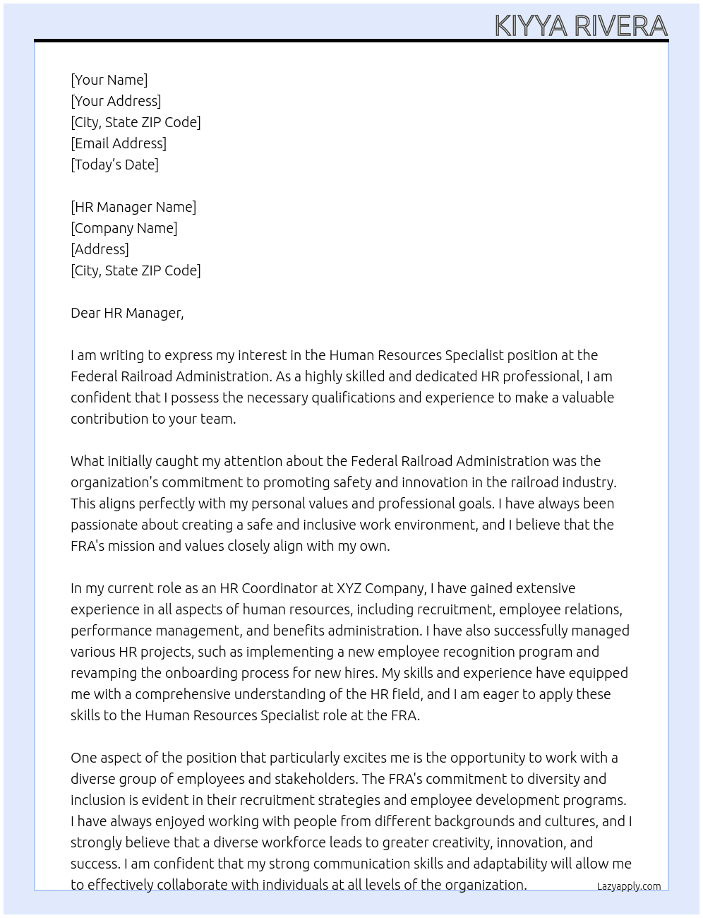 Human Resources Specialist  At Federal Railroad Adminstration Cover Letter