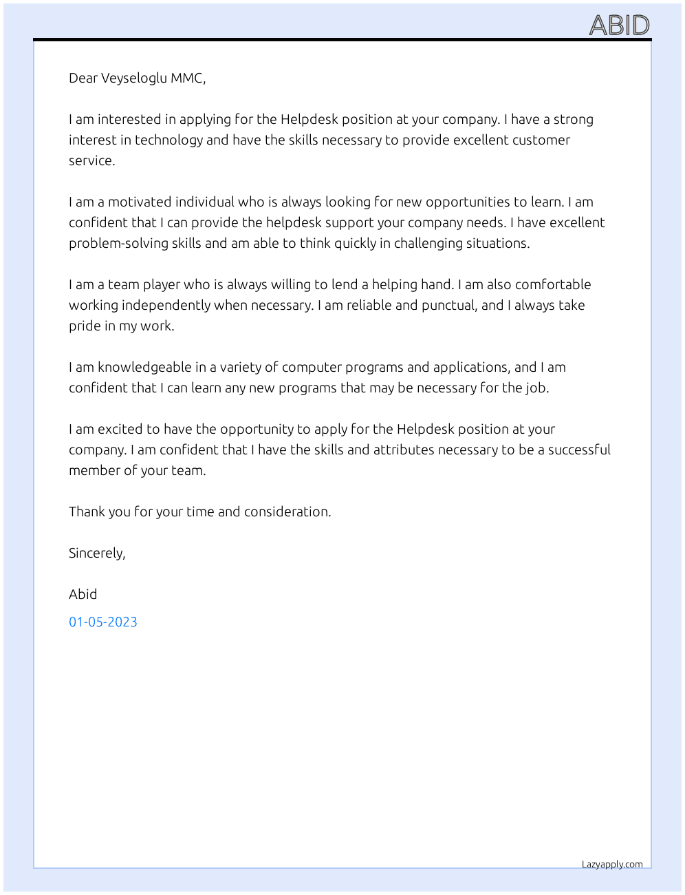 Helpdesk At Veyseloglu MMC Cover Letter