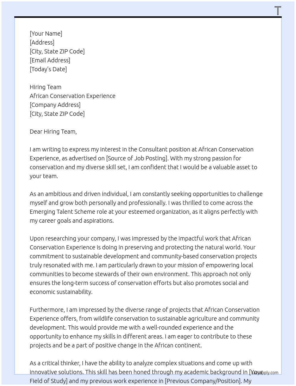 Consultant  At African Conservation Experience Cover Letter