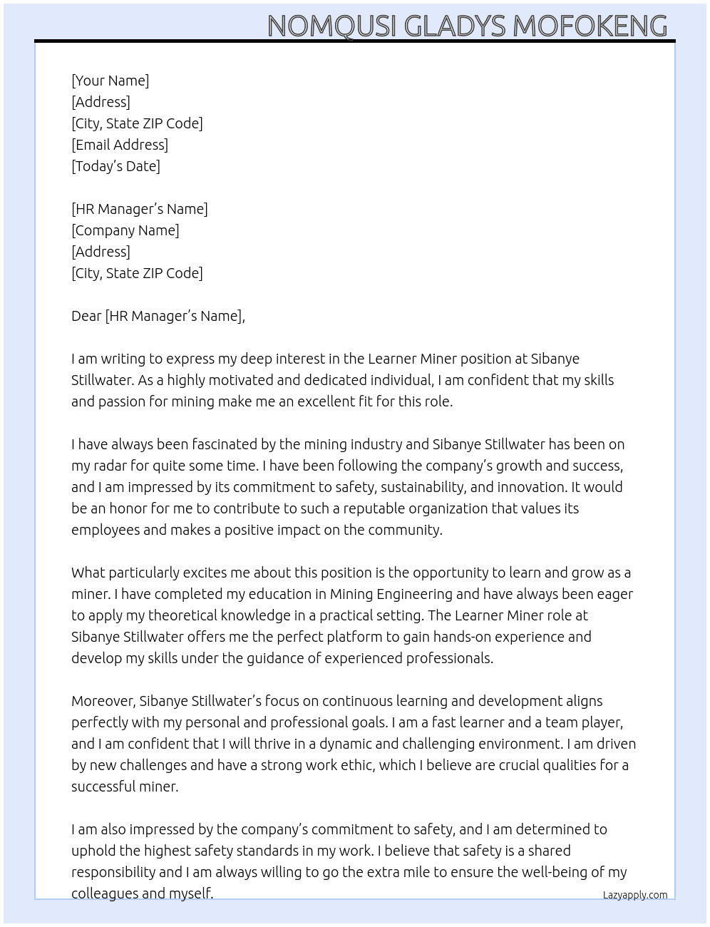 Learner miner  At Sibanye stillwater  Cover Letter