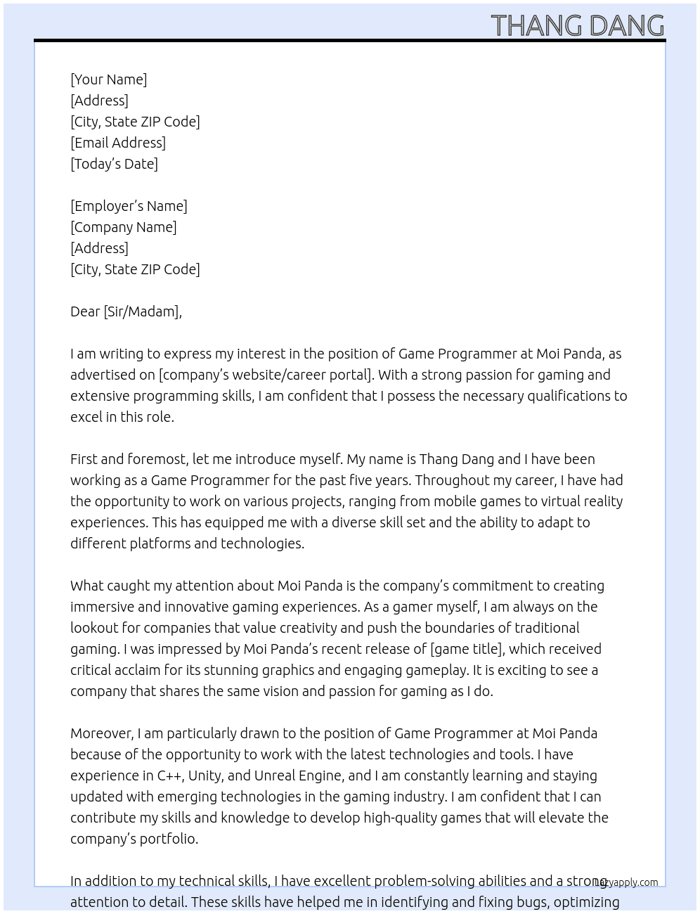 game programmer At Moi Panda Cover Letter