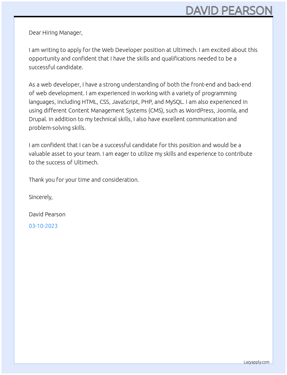 Web Developer At Ultimech Cover Letter