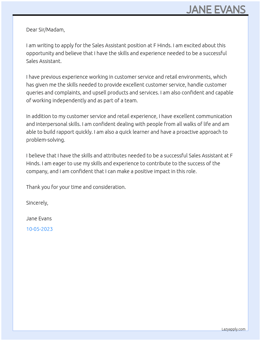 Sales assistant  At F Hinds  Cover Letter